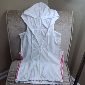 New York & Company White Hooded Vest with Pink Accents